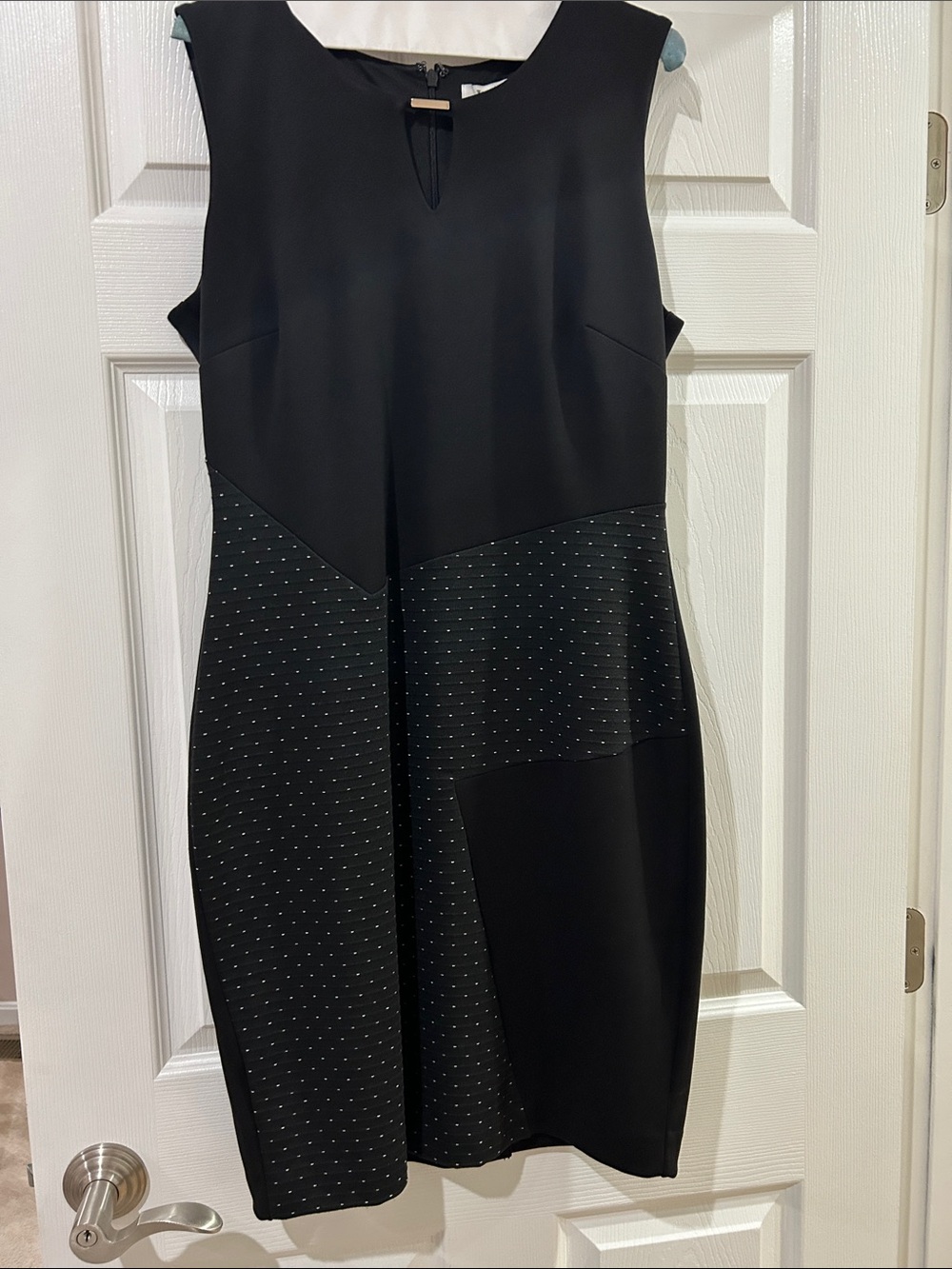 White House Black Market Black Sleeveless Midi Sheath Dress with Dotted Panel